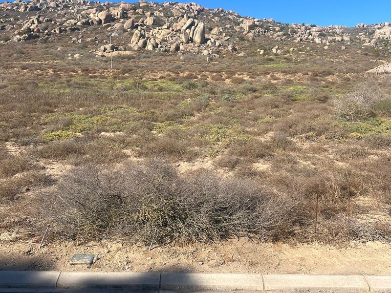 A view of a vacant residential plot featuring natural rocky terrain and native vegetation, accessible from a paved street with a concrete curb.