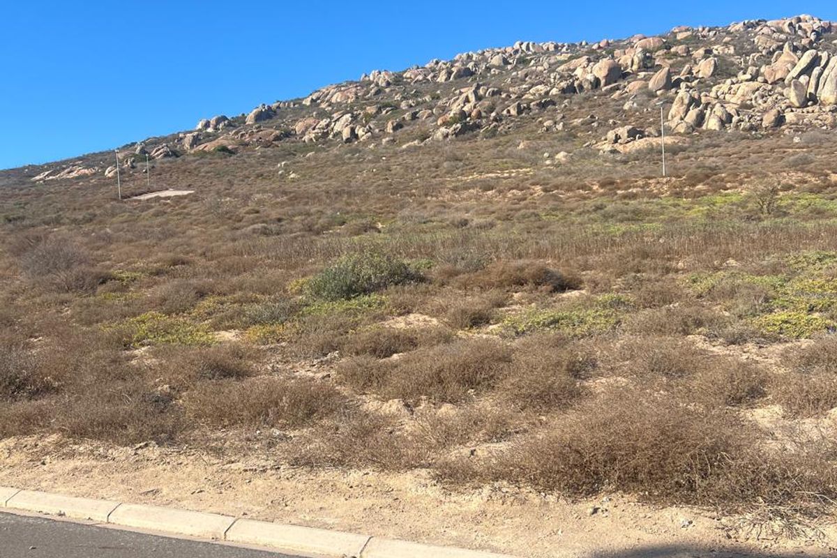 A view of the vacant residential land plot from the adjacent asphalt road, featuring natural rocky terrain and native vegetation.
