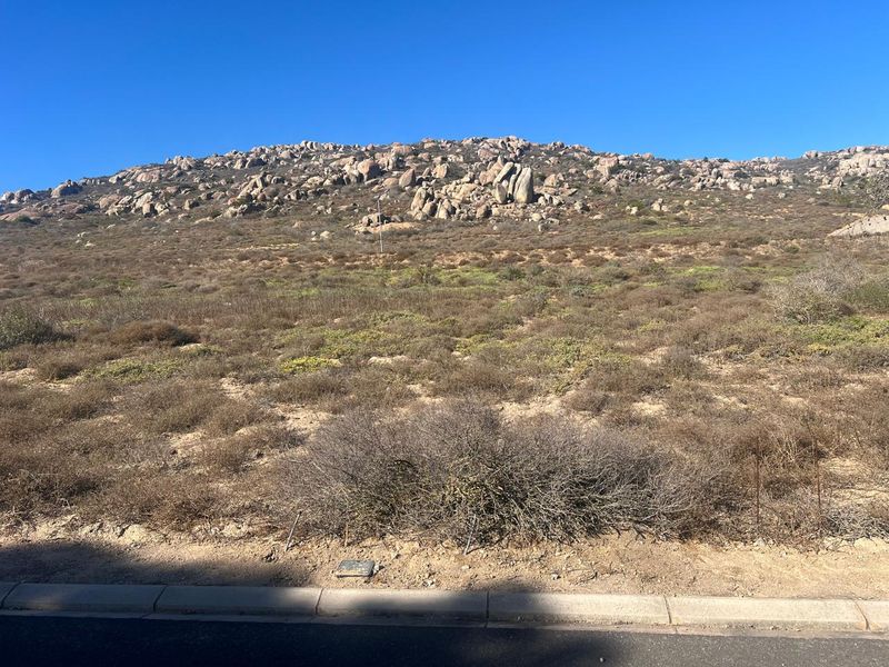 A vacant residential plot featuring natural rocky terrain and native vegetation, viewed from the adjacent paved street.