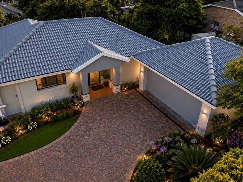 Aerial view of a well-maintained single-story house featuring a tiled roof, paved driveway, double garage, and landscaped front garden with exterior lighting.