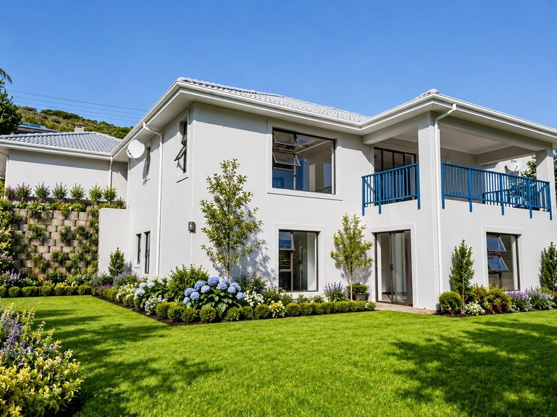 A well-maintained rear exterior view of a two-story house featuring a landscaped garden, retaining wall, and an upper-level balcony with blue railings.
