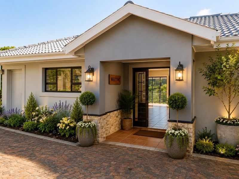 A well-maintained front entrance featuring stone cladding, a paved driveway, and elegant exterior lighting, showcasing a welcoming and modern facade.