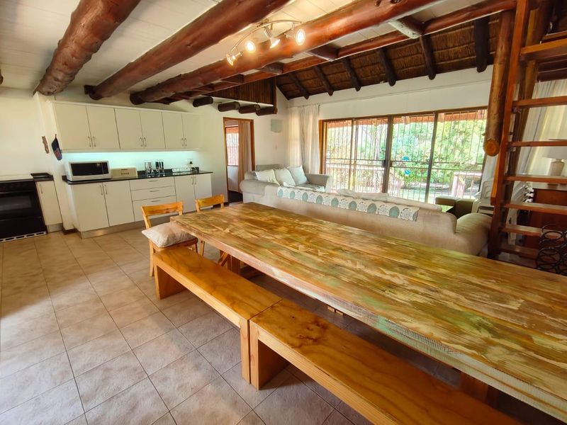 Open-plan living and kitchen area featuring rustic exposed timber beams, a thatched ceiling, tiled floors, and direct access to the outdoor patio through sliding doors.