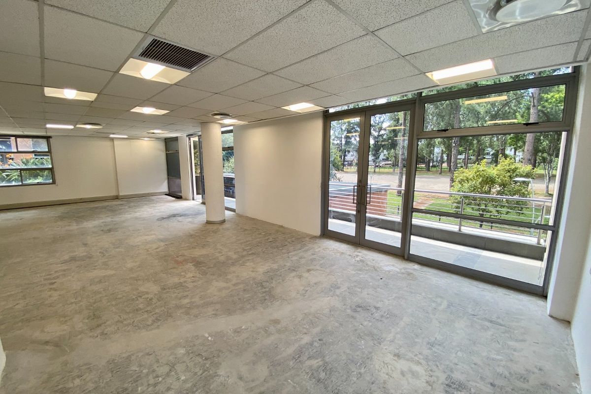 An open-plan commercial office space featuring a suspended ceiling, recessed lighting, and large glass doors leading to an outdoor balcony area.