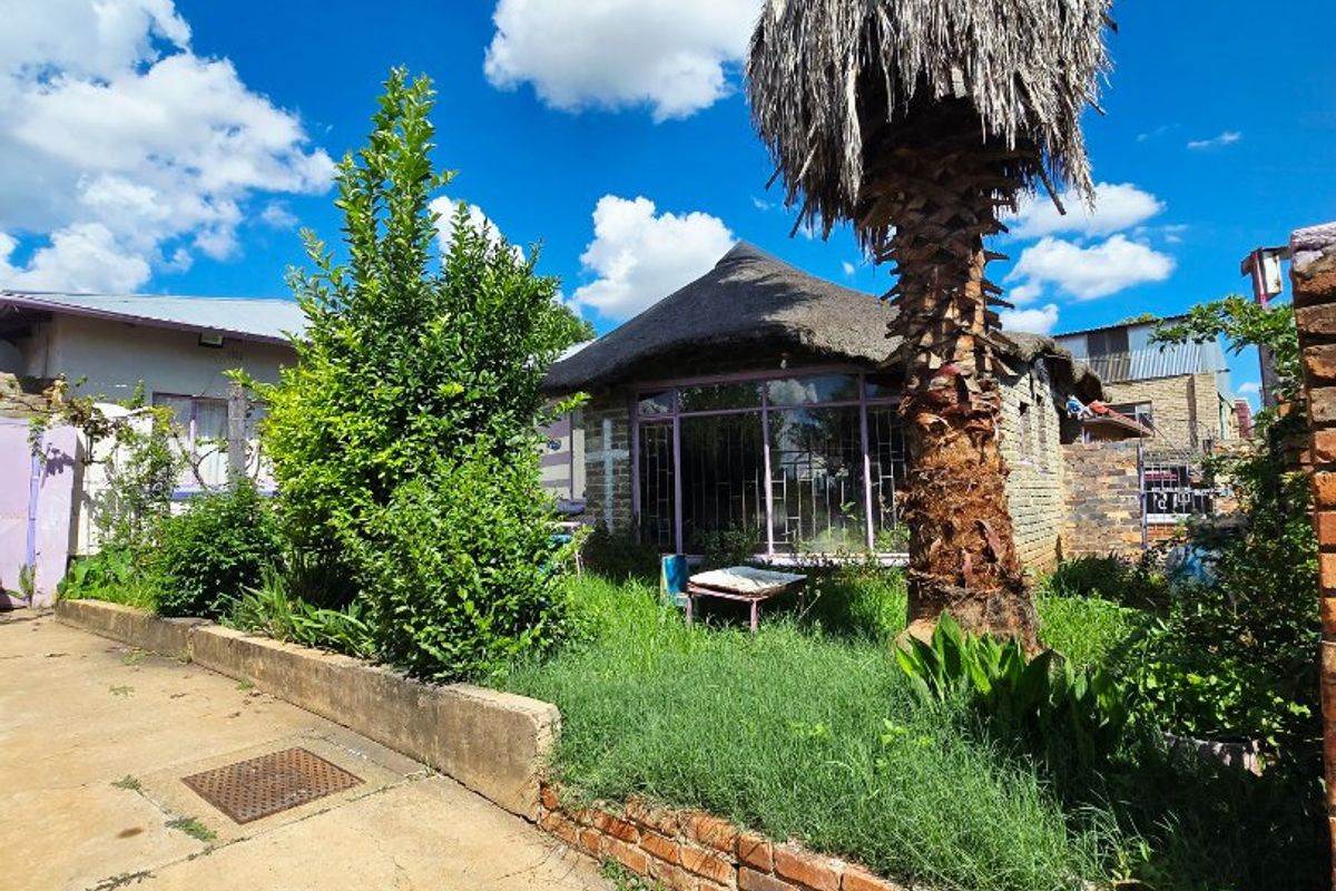 Rear exterior view of a property featuring a thatch roof, brick retaining wall, and concrete driveway with established garden area.