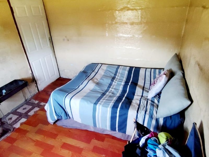 A compact bedroom featuring laminate flooring and a standard panel door, currently requiring significant wall surface repairs and cosmetic updates.