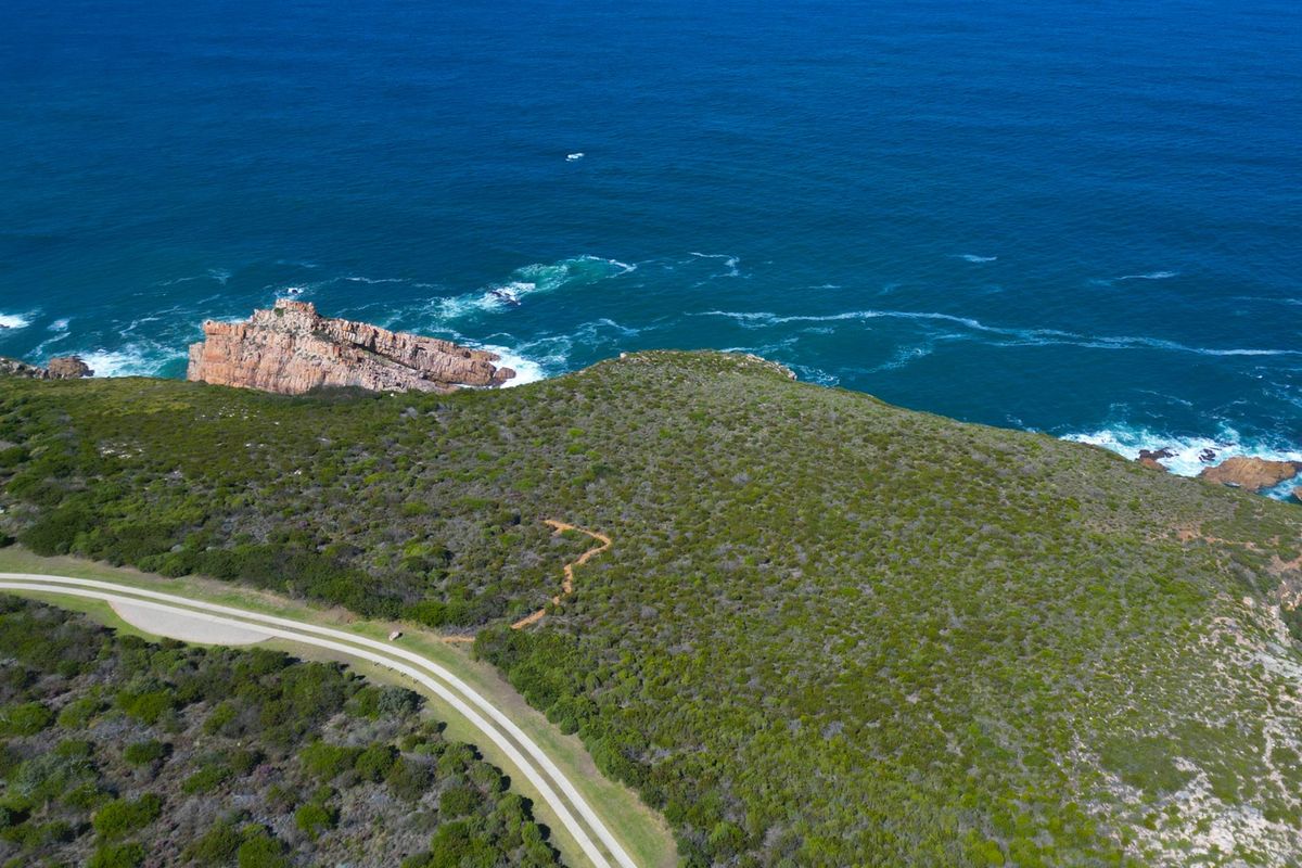 Aerial view of a coastal residential plot featuring natural vegetation, rugged rock formations, and direct access to a paved road.