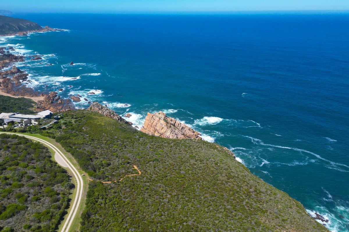 An aerial view of a coastal residential plot featuring natural vegetation, rugged rock formations, and direct access to the oceanfront.