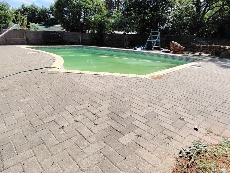 Outdoor pool area featuring a paved deck and a swimming pool requiring maintenance and water treatment.