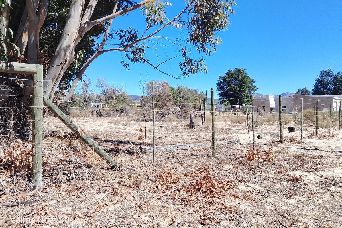 A view of a vacant residential plot featuring dry vegetation, mature trees, and damaged wire perimeter fencing.