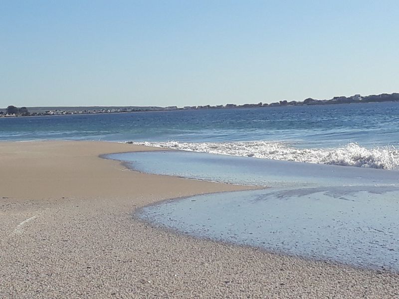 A scenic view of the coastline and ocean, highlighting the natural landscape and beach frontage of the property.