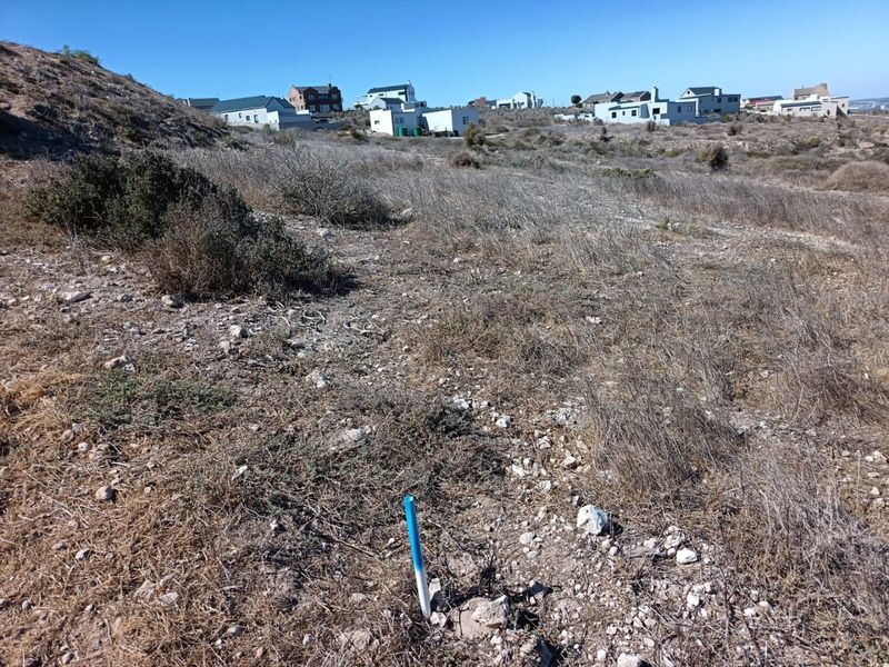 A view of a vacant residential plot featuring natural vegetation and a survey marker, with surrounding residential properties visible in the background.