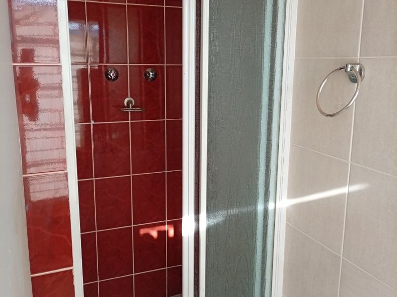 A functional shower stall featuring red tiled walls, a glass door enclosure, and a chrome towel ring mounted on the adjacent wall.