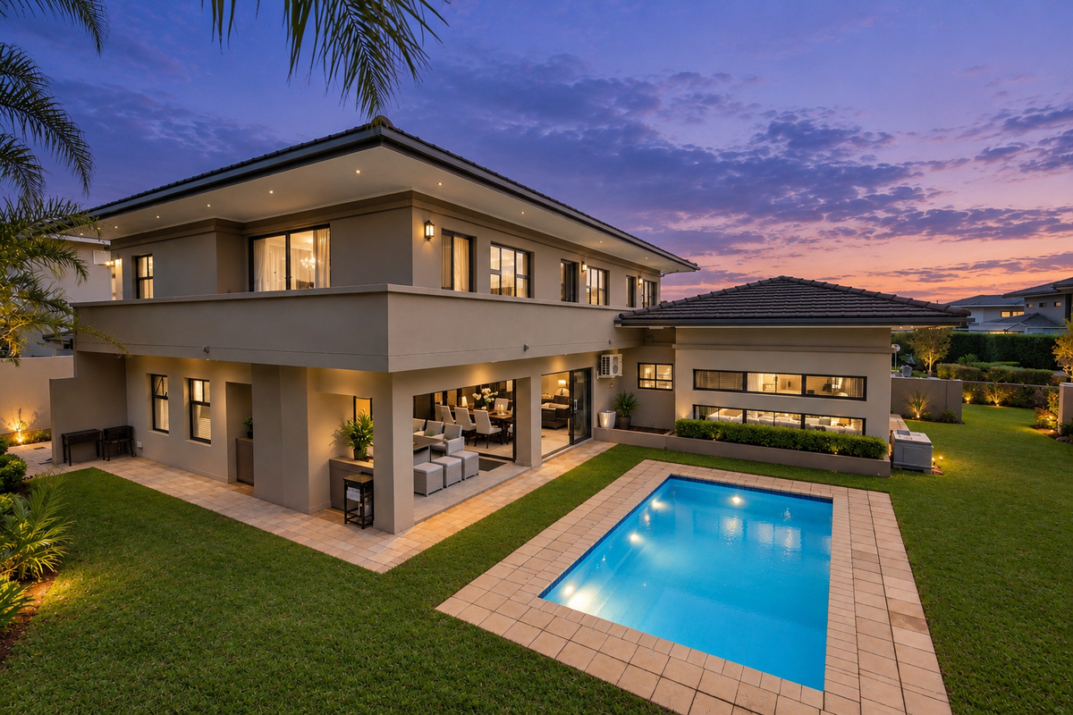 A beautifully presented double-story home featuring a covered patio, a sparkling swimming pool, and a well-manicured garden at twilight.