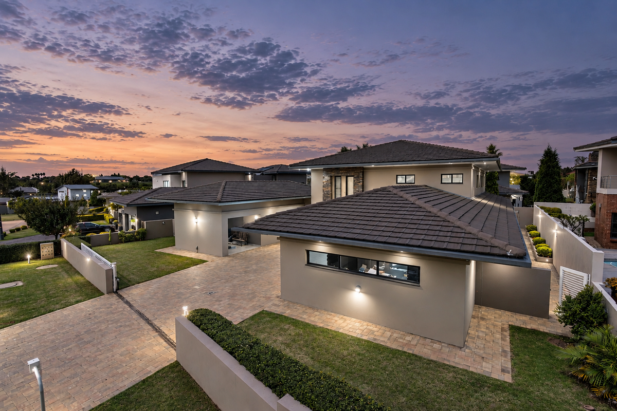 An elevated aerial view of a modern residential property featuring a tiled roof, paved driveway, and well-maintained landscaped grounds at dusk.
