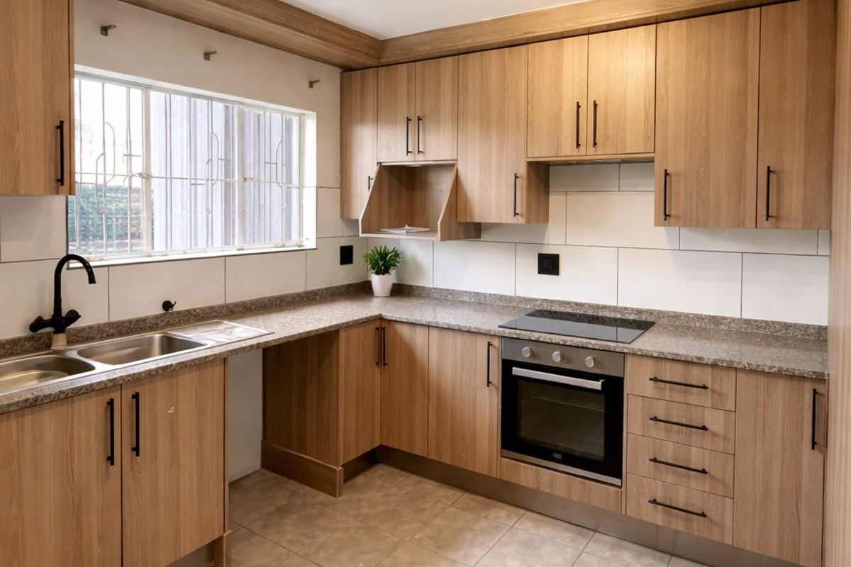 A clean, modern kitchen featuring light wood-finish cabinetry, stone-look countertops, integrated electric oven and hob, and neutral tiled flooring.
