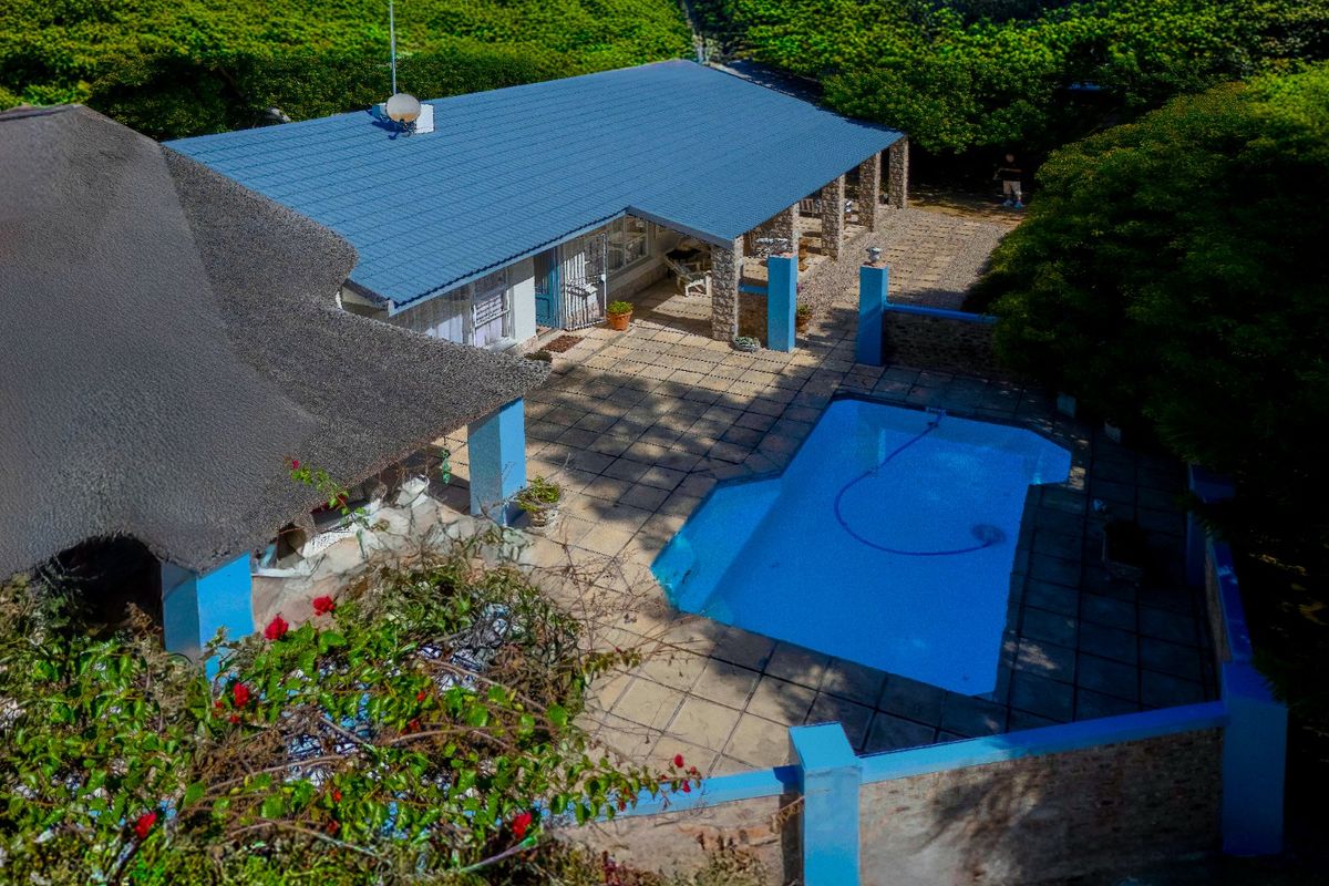 Aerial view of a residential property featuring a swimming pool, paved patio area, and a combination of thatched and metal roofing.