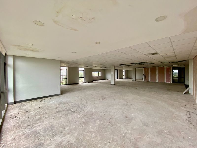 Expansive open-plan commercial office space in shell condition, featuring large windows, structural columns, and a suspended ceiling requiring repair and finishing.