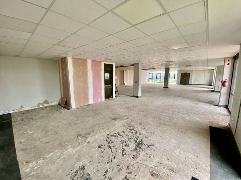 A large, open-plan commercial office space in shell condition, featuring a suspended ceiling, structural columns, and expansive windows with natural light.