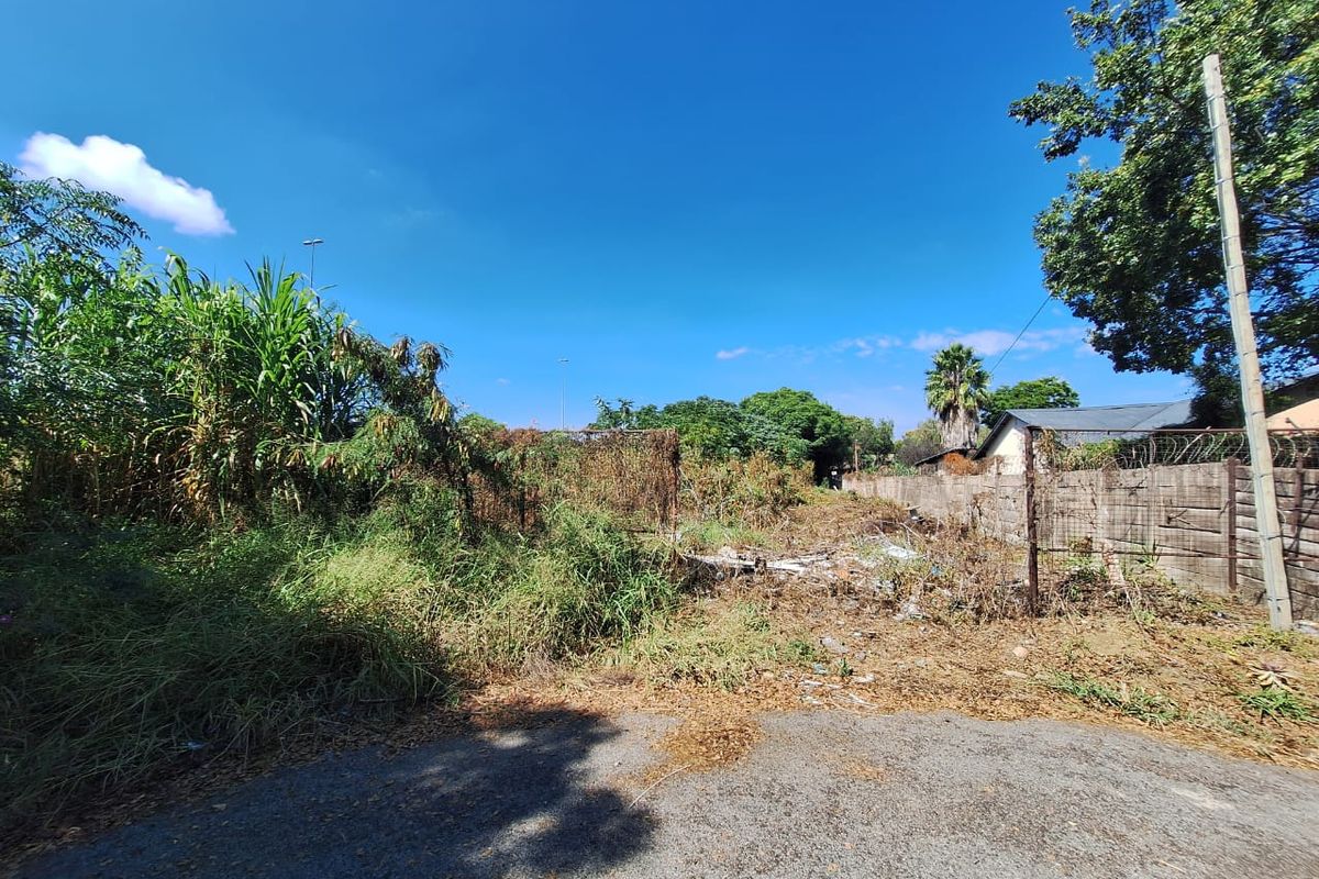 A vacant residential plot featuring overgrown vegetation, perimeter walling with razor wire, and access from an asphalt road.