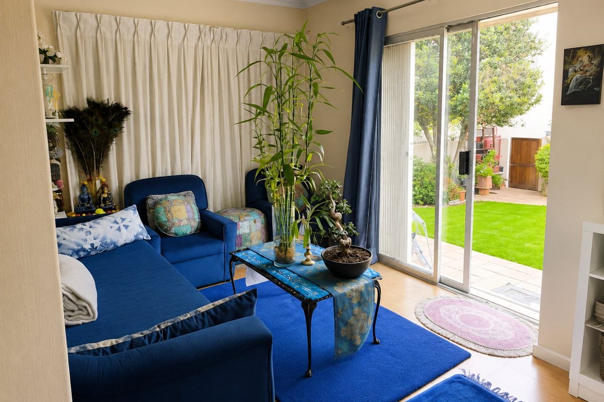 A bright living room featuring laminate flooring and large sliding glass doors that provide direct access to the rear garden area.
