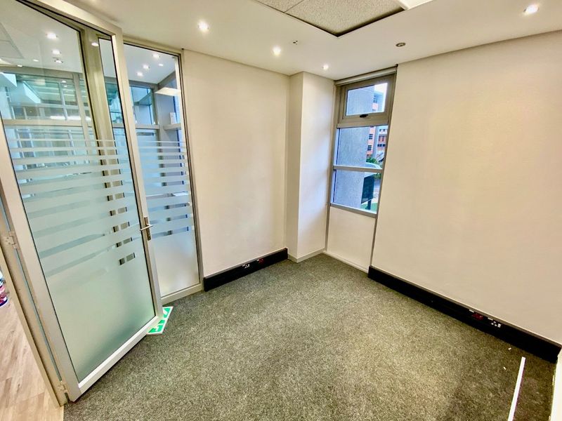 A clean, empty office space featuring glass partitioning, recessed lighting, carpeted flooring, and large windows providing natural light.