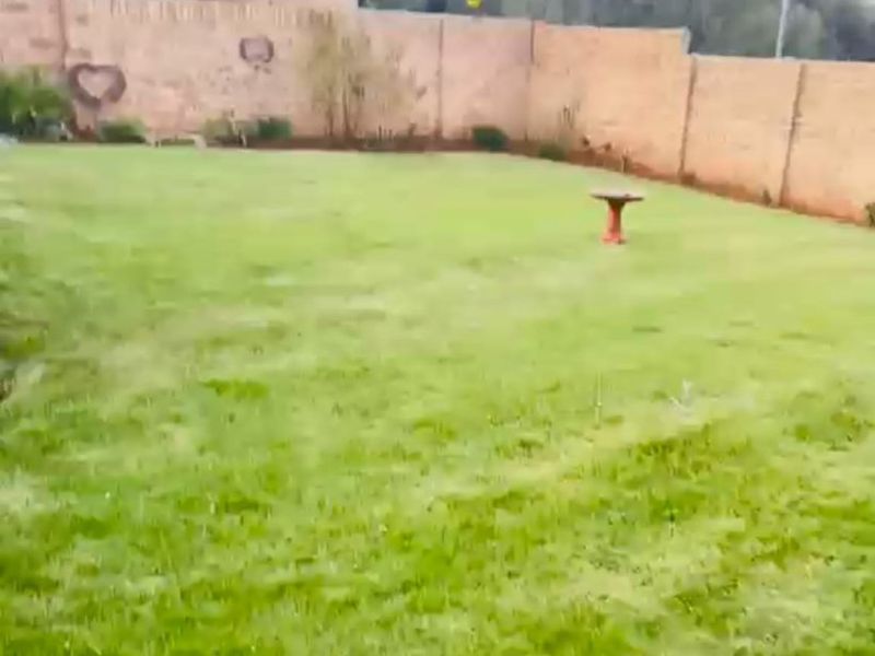 A private rear garden featuring a well-maintained lawn enclosed by a high brick boundary wall.