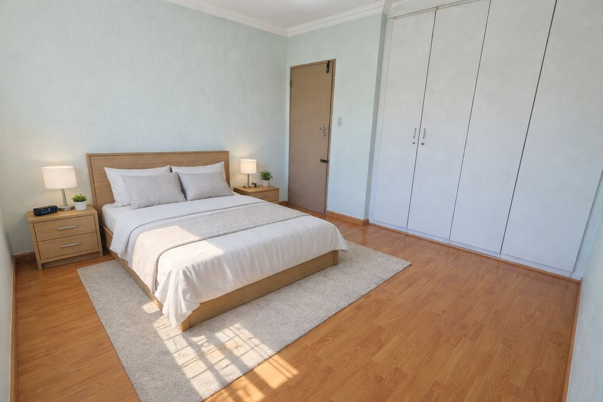 A well-maintained bedroom featuring laminate flooring, built-in cupboards, and neutral wall finishes, providing a clean and functional living space.