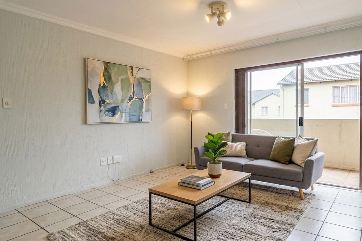 A bright living room featuring tiled flooring, textured walls, and a sliding glass door providing access to an outdoor balcony area.