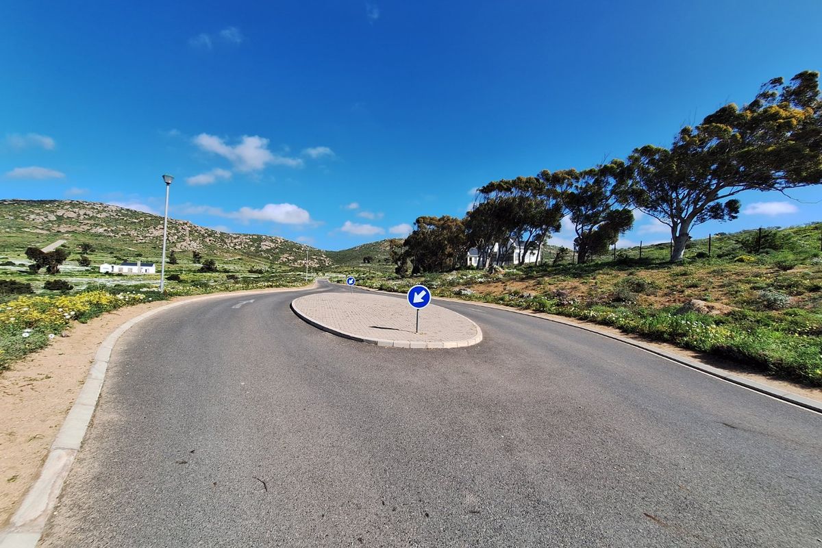 A view of the paved access road and traffic island within the residential estate, surrounded by natural landscape and mature trees.