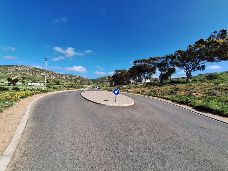 A view of the paved access road and traffic island within the residential estate, surrounded by natural landscape and mature trees.