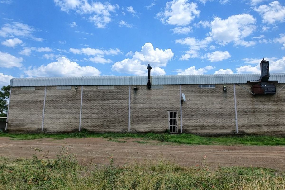 Rear exterior view of a commercial brick building featuring a metal roof, security door, and external ventilation infrastructure.