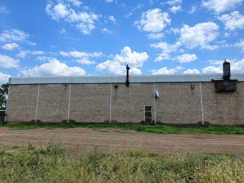 Rear exterior view of a commercial brick building featuring a metal roof, security door, and external ventilation infrastructure.