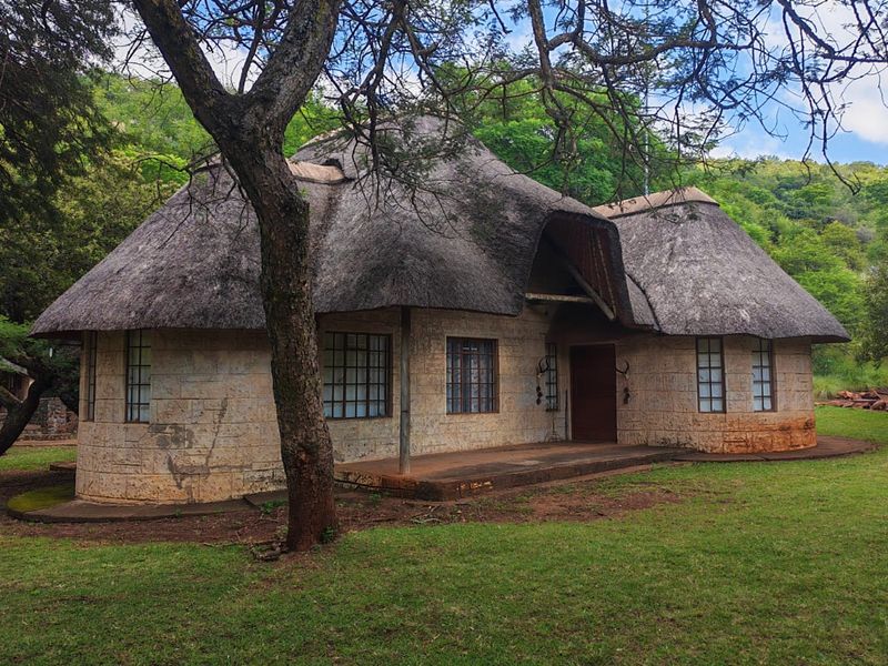 A charming farm-style cottage featuring traditional thatched roofing and stone masonry construction, set within a natural, tree-lined landscape.