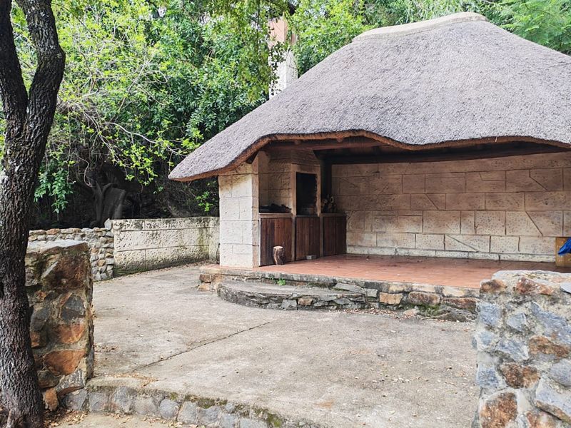Outdoor entertainment area featuring a traditional thatched roof, built-in braai, and stone masonry, set within a natural garden environment.