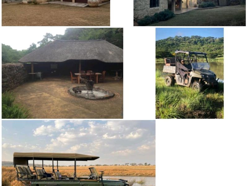 A multi-image collage showing a farm-style residence with thatched roofing, stone accents, a double garage, and an outdoor entertainment area with a fire pit.
