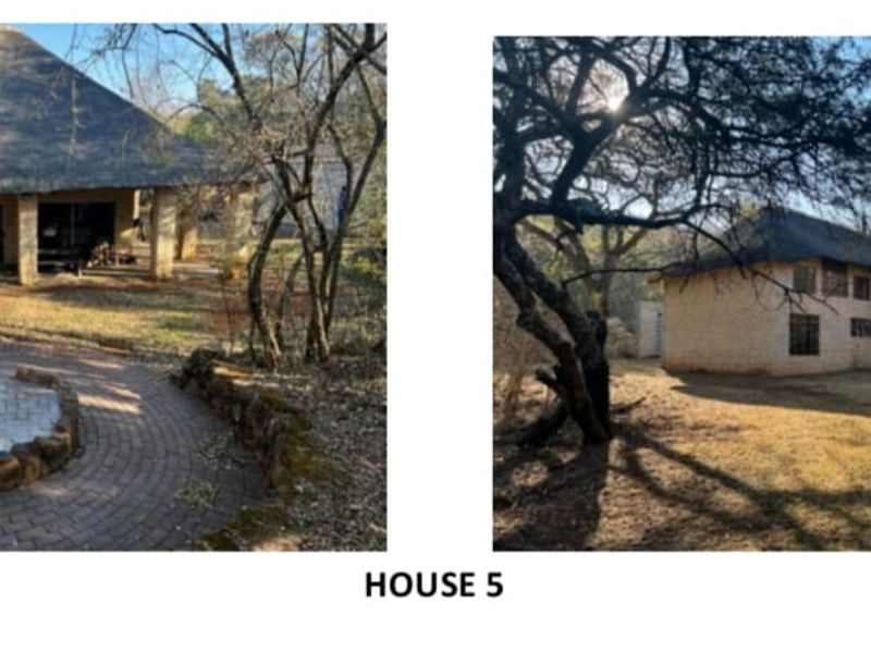 Exterior view of a farm house featuring a traditional thatch roof, covered patio, and a stone-paved fire pit area in a natural bushveld setting.