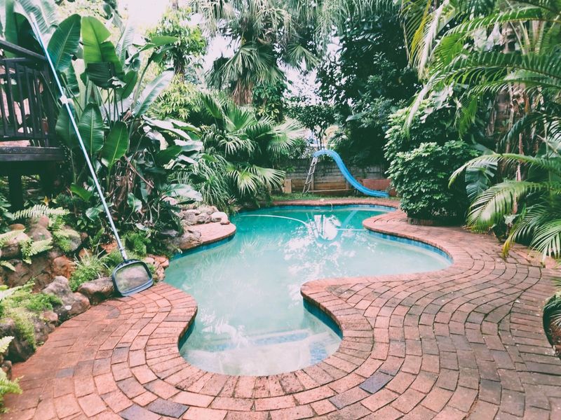 A private swimming pool area featuring curved brick paving, lush tropical landscaping, and a built-in pool slide.