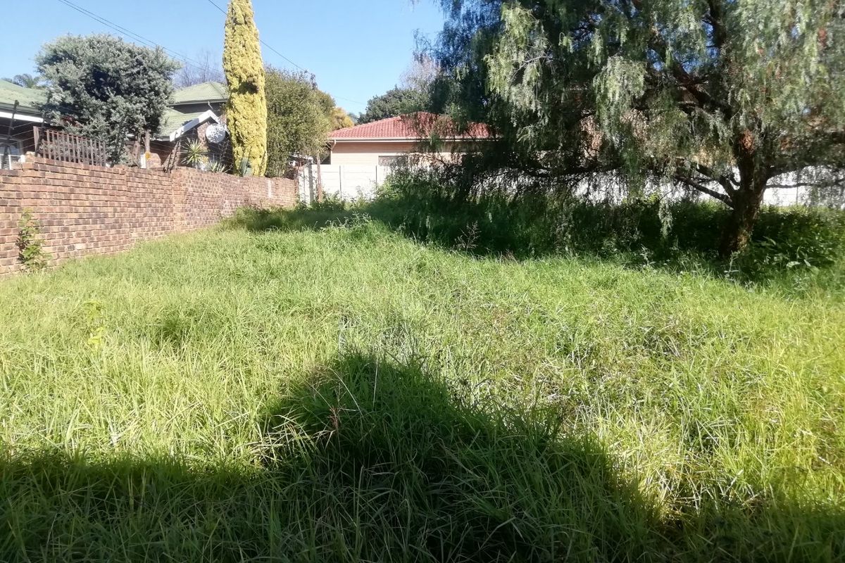 A vacant residential plot featuring overgrown grass, mature trees, and an existing brick boundary wall.