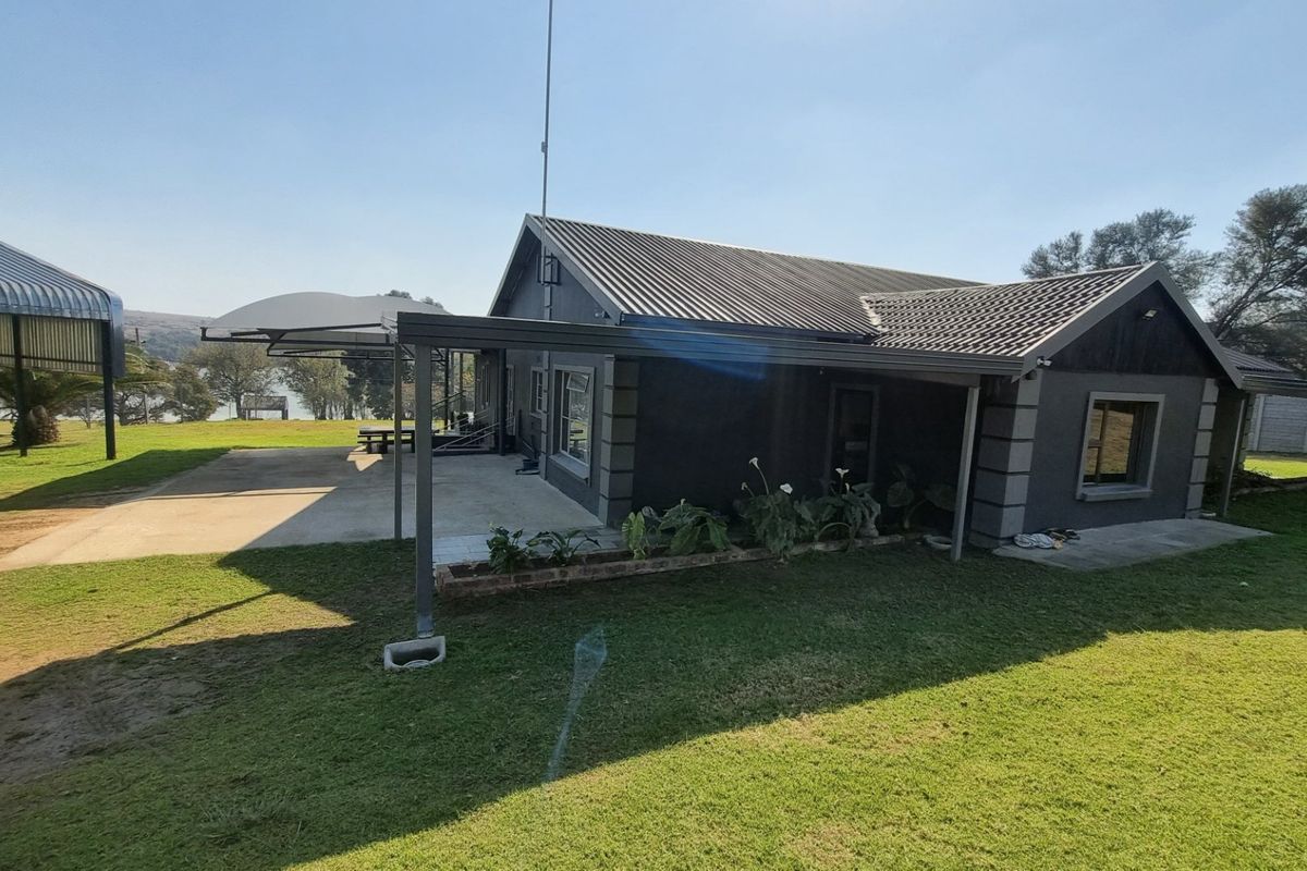 Rear view of the house featuring a covered patio area, concrete flooring, and a metal roof, set within a spacious garden.