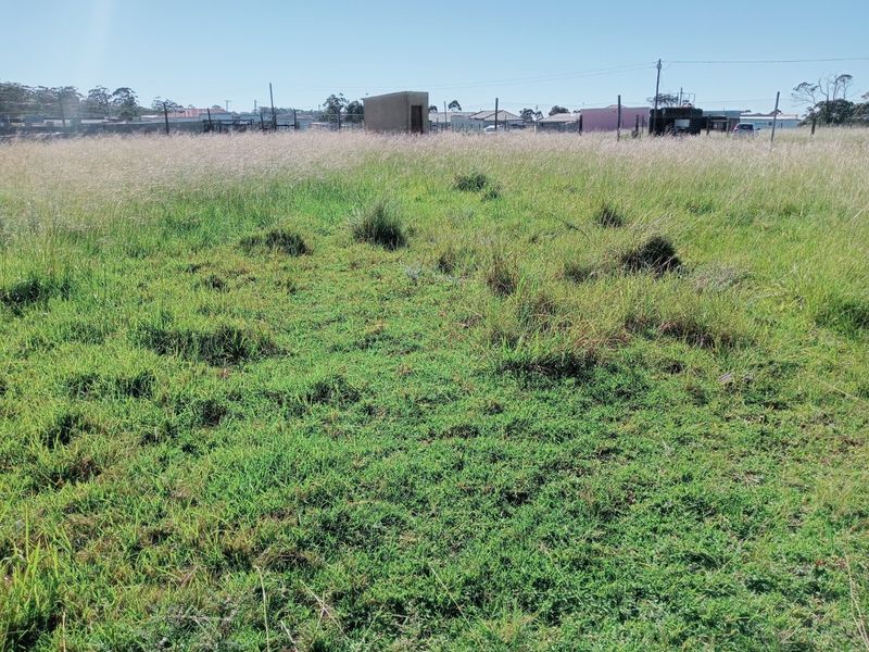 A large, undeveloped plot of land featuring overgrown grass, perimeter fencing, and a small detached outbuilding structure.