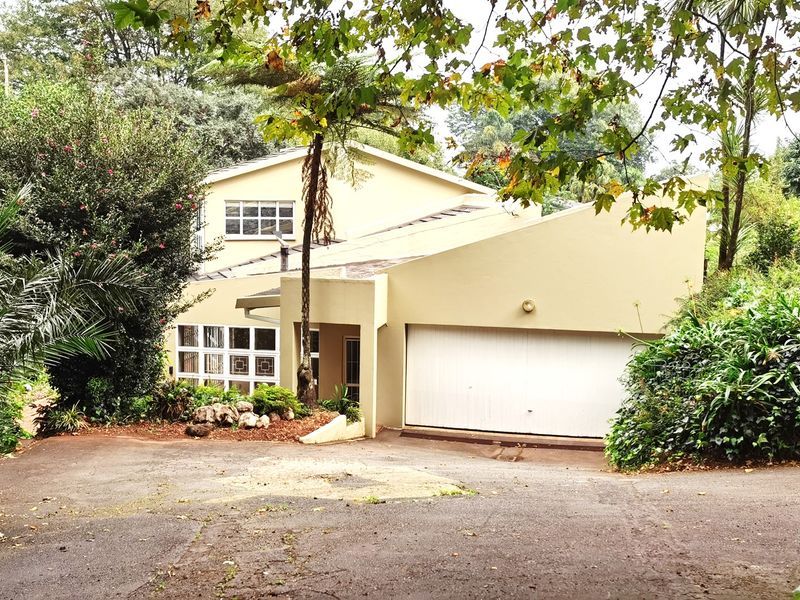 Front elevation of a multi-level house featuring a paved driveway, integrated garage, and established garden surroundings.