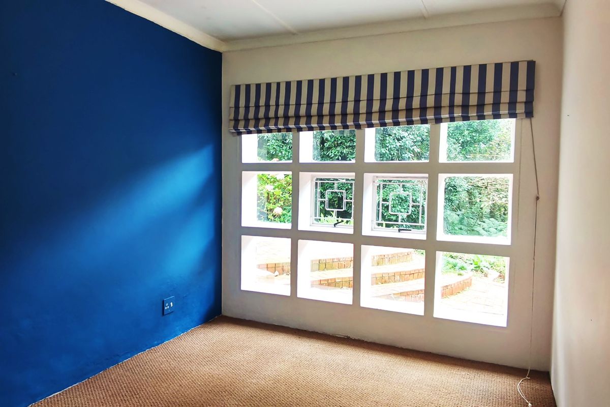 A bright, empty bedroom featuring a large grid-pattern window with security bars, carpeted flooring, and a bold blue accent wall.