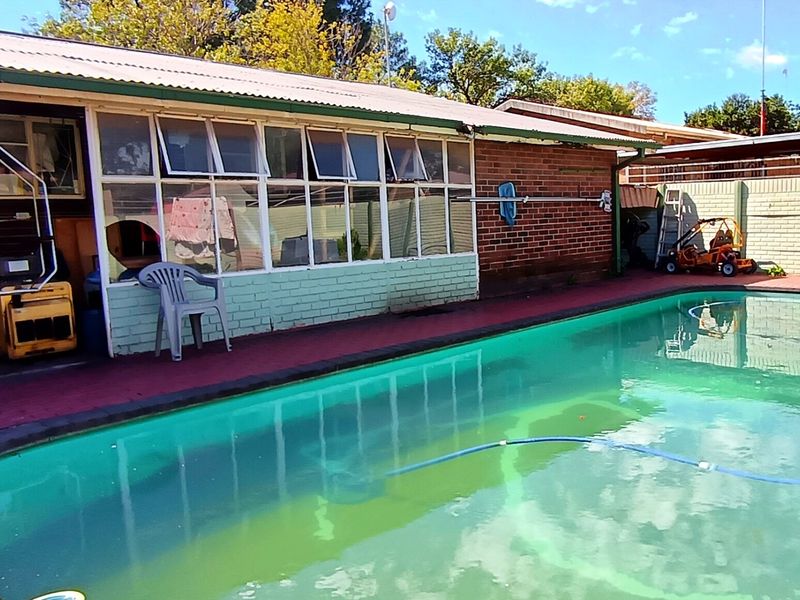 Outdoor pool area featuring a swimming pool, brick wall boundary, and a house exterior with casement windows and a corrugated metal roof.