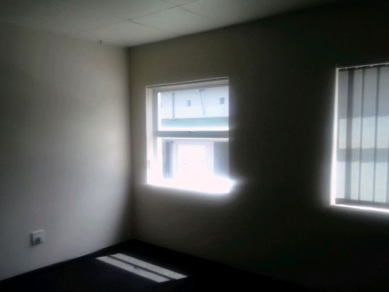 An empty, functional office space featuring a suspended ceiling, neutral walls, and windows fitted with vertical blinds.