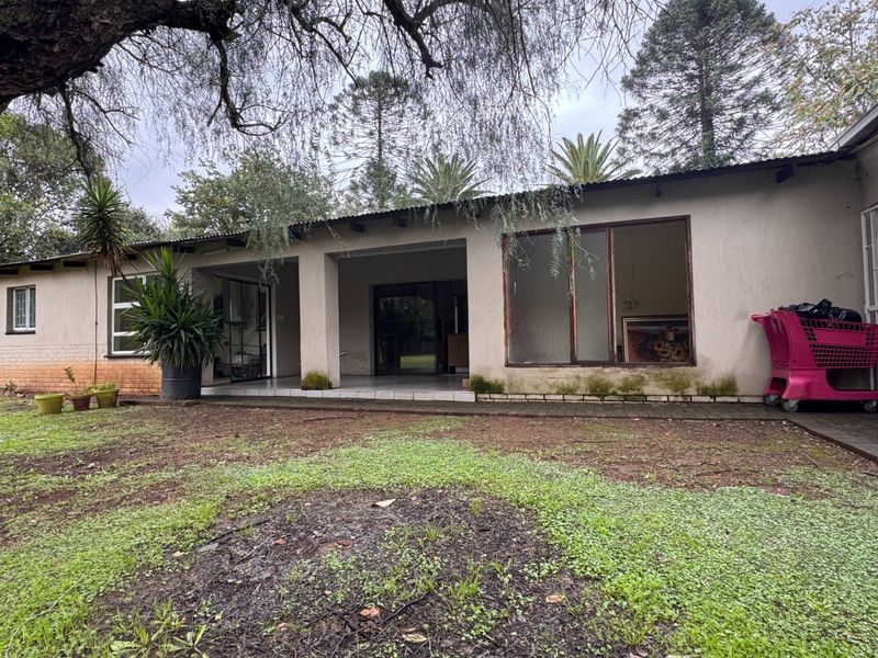 Rear view of the property featuring a covered patio area, large windows, and a spacious garden requiring landscaping and exterior maintenance.