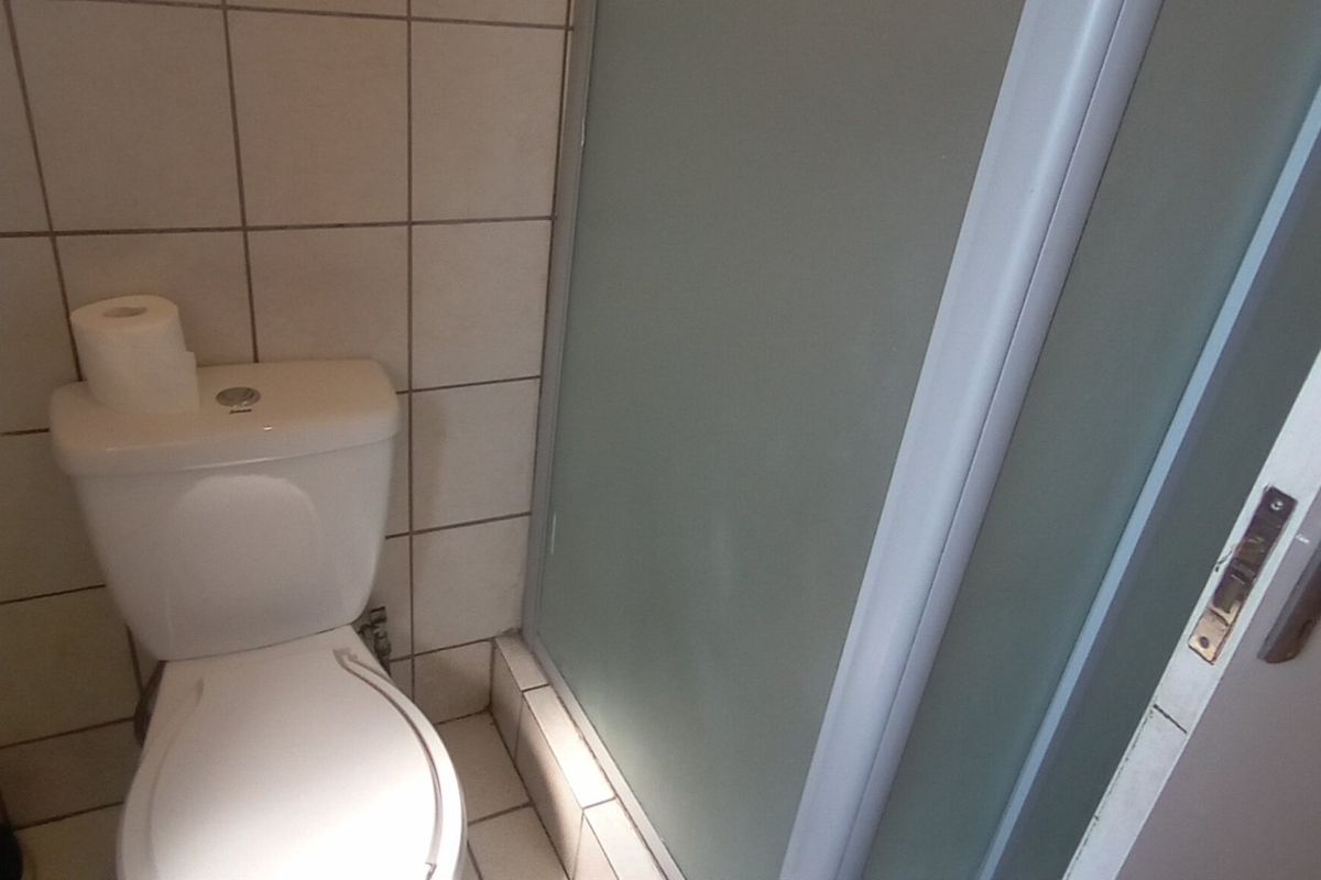 A functional bathroom featuring a standard toilet and a shower enclosure with a frosted glass door.