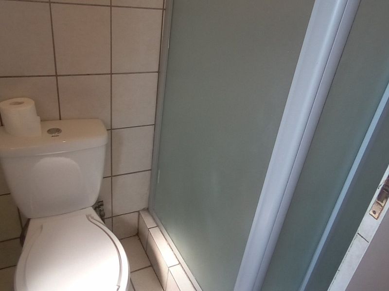 A functional bathroom featuring a standard toilet and a shower enclosure with a frosted glass door.