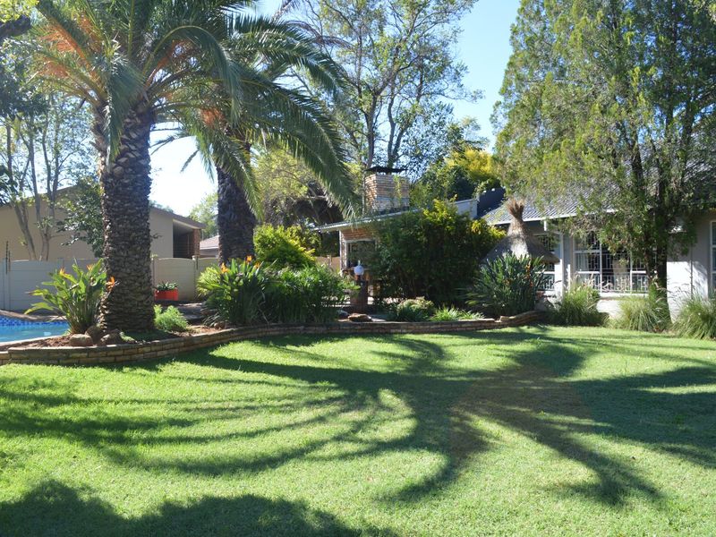Spacious rear garden featuring a well-maintained lawn, mature palm trees, a swimming pool, and a built-in outdoor braai area.