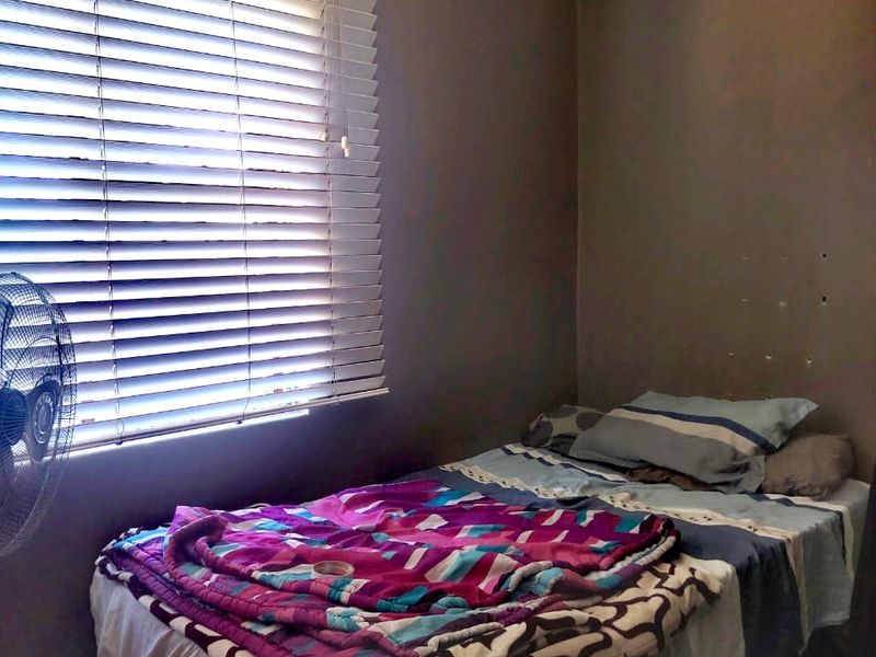 A compact bedroom featuring dark painted walls, coving, and venetian blinds. The room shows signs of wall surface wear.